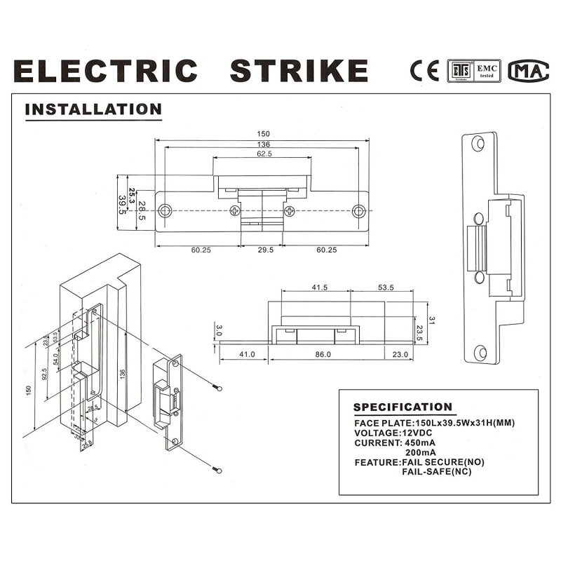 Electric Strike Door Lock for Access Control System Suitable for Wooden Door, Glass Door, Metal Door, Fireproof Door (NO-Open When Power ON) 9