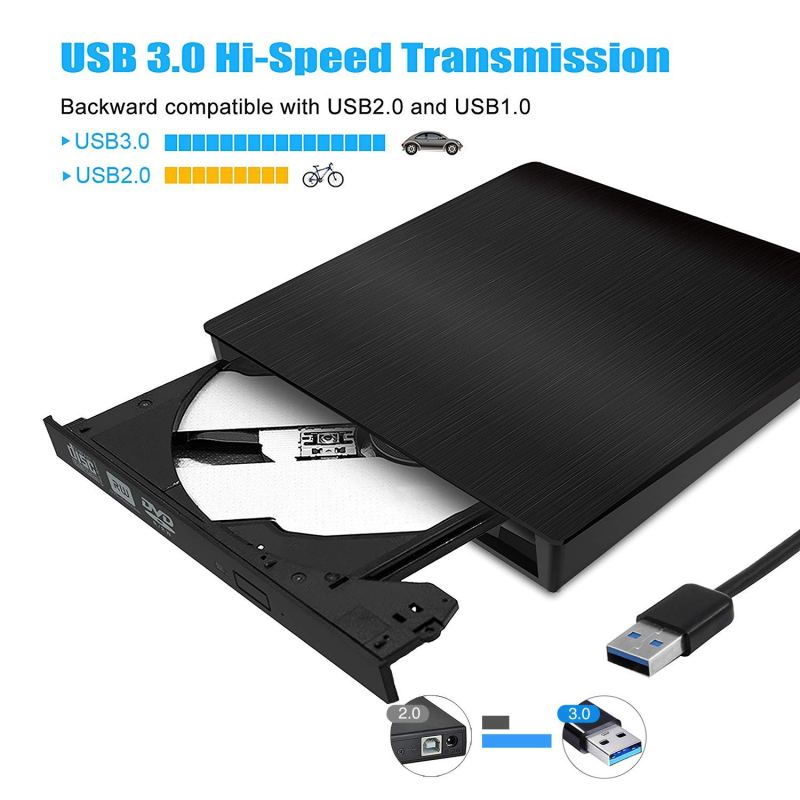 External CD DVD Drive USB 3.0 Portable Fits for DVD-R DVD-RW DVD+R DVD+RW DVD-ROM Super Speed Data Transfer Black 3