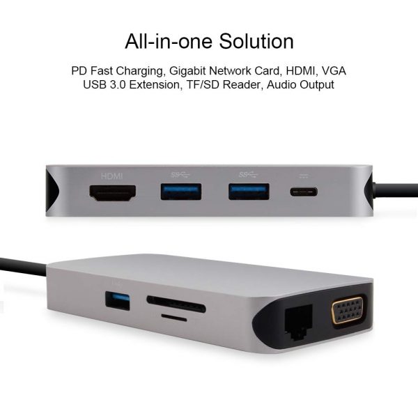 USB C Hub, 10 in 1 Type-C Hub with Gigabit Ethernet Port, USB C to 3 USB 3.0 Ports, 4K HDMI, VGA, SD/TF Card Reader, Type-C PD Charging and AUX Port 4