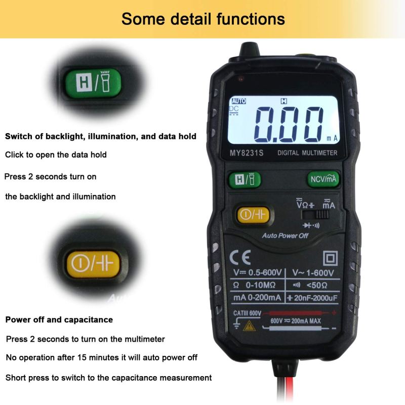 Mini Digital Multimeter,Portable Hand held Tester for Resistance Capacitance Auto Smart Detector 7
