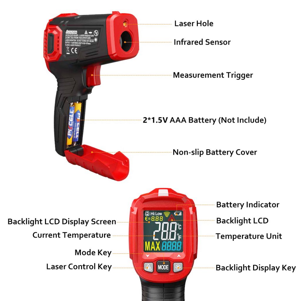 Infrared Thermometer Tester, Non-Contact IR Digital Temperature Gun for Range -50°C~550°C / -58°F~1022°F with Adjustable Emissivity, Color LCD Screen, Alarm Setting 2