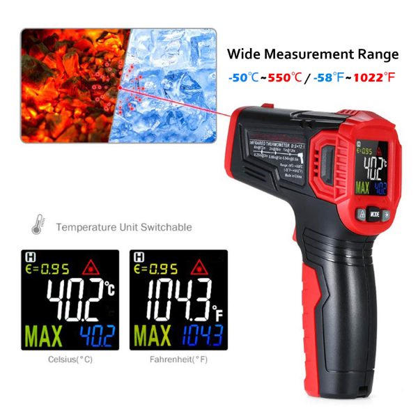 Infrared Thermometer Tester, Non-Contact IR Digital Temperature Gun for Range -50°C~550°C / -58°F~1022°F with Adjustable Emissivity, Color LCD Screen, Alarm Setting 3