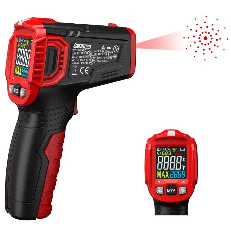 Infrared Thermometer Tester, Non-Contact IR Digital Temperature Gun for Range -50°C~550°C / -58°F~1022°F with Adjustable Emissivity, Color LCD Screen, Alarm Setting 1