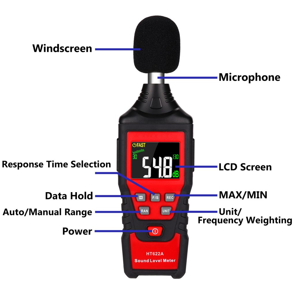 Decibel Meter, Digital Sound Level Meter 30-130dB(A) Range with Max/Min/Data Hold, Fast/Slow Mode ect. Auto/Manual Range 2