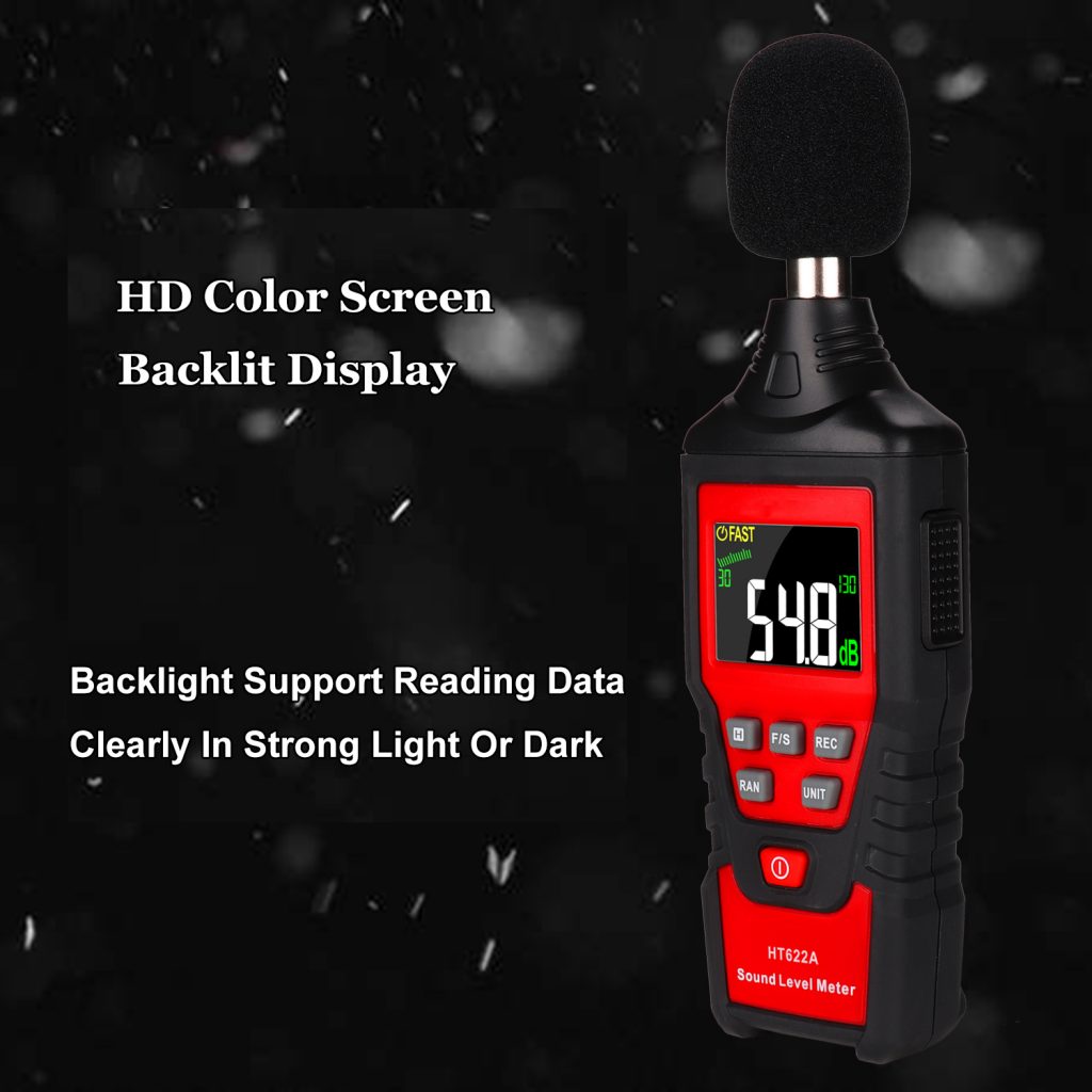 Decibel Meter, Digital Sound Level Meter 30-130dB(A) Range with Max/Min/Data Hold, Fast/Slow Mode ect. Auto/Manual Range 5