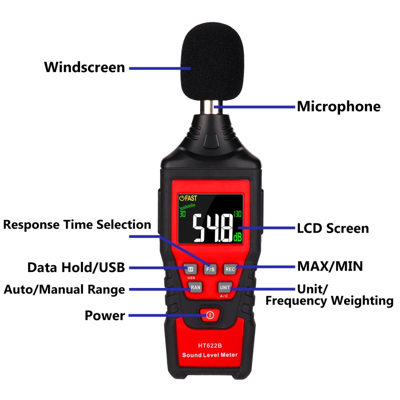 Digital Sound Level Meter, A/C Frequency Weighting Decibel Meter with USB Data Logger 30-130dB(A/C) Range Max/Min/Data Hold, Fast/Slow Mode ect. 2