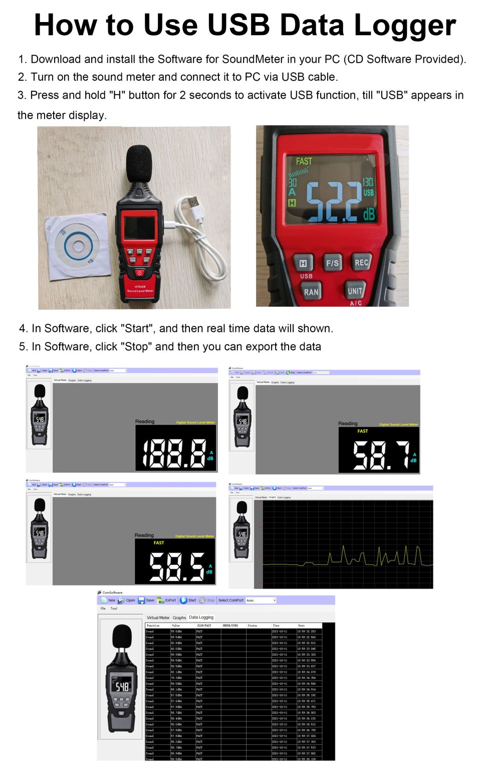 Digital Sound Level Meter, A/C Frequency Weighting Decibel Meter with USB Data Logger 30-130dB(A/C) Range Max/Min/Data Hold, Fast/Slow Mode ect. 4 Digital Sound Level Meter, A/C Frequency Weighting Decibel Meter with USB Data Logger 30-130dB(A/C) Range Max/Min/Data Hold, Fast/Slow Mode ect. 4