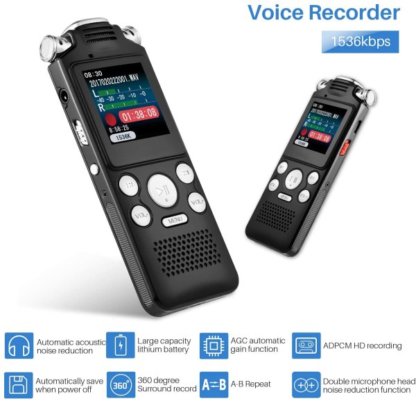 Digital Voice Recorder 16GB with Variable Playback Speed, Sound Recorder, Ultra-Sensitive Microphones, MP3 Player, Noise Reduction Audio Recording 2