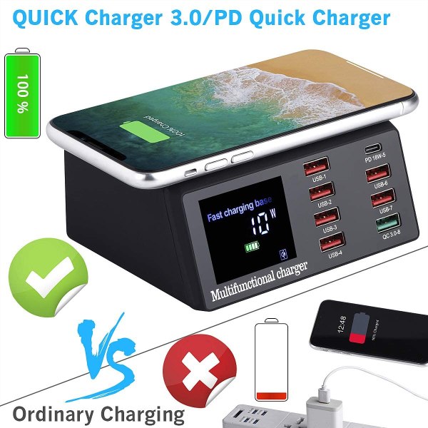 Multiple USB Charger, 100W 8-Port Desktop Charging Station Hub with Quick Charge 3.0 USB Port, PD Fast Wall Charger and LCD Display, with 10W Wireless 2