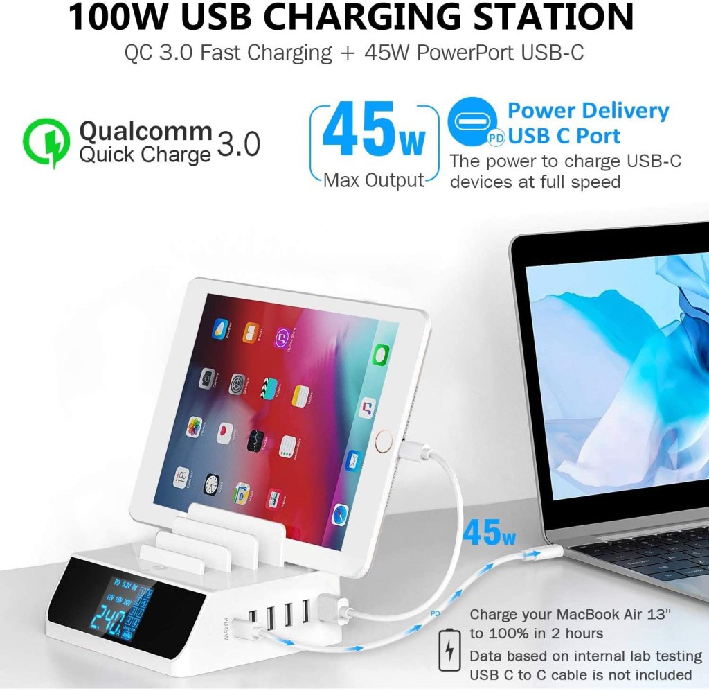 USB C PD 45W Charging Station, 100W 6-Port Desktop Charger Hub Dock for iPad iPhone MacBook Android Phone Tablets Laptop 3