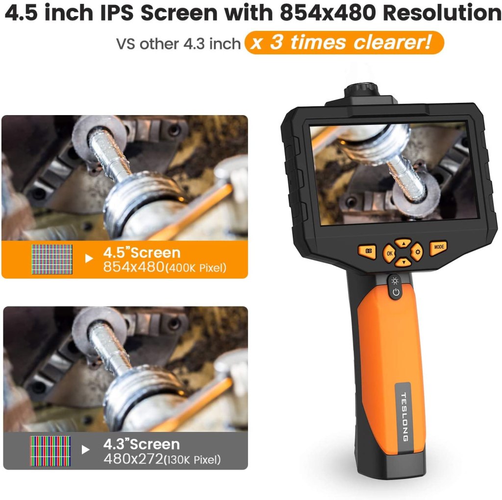 Dual Lens Borescope 4.5" Screen Endoscope Inspection Camera with 8mm Side-View Camera and Direct-View Camera (16.4ft Probe) 4