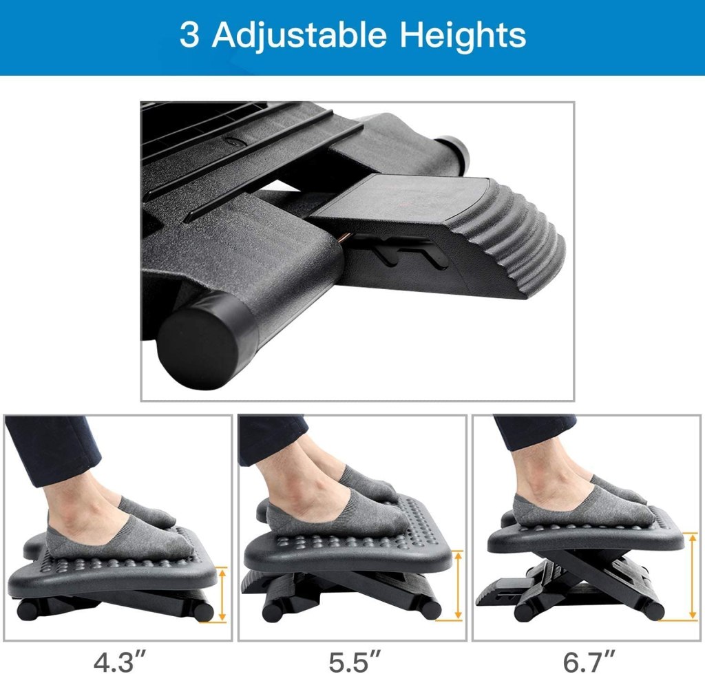 Adjustable Foot Rest Ergonomic Under Desk Footrest with 3 Height Position 30 Degree Tilt Angle Non-Skid Massage Surface Texture 3 Adjustable Foot Rest Ergonomic Under Desk Footrest with 3 Height Position 30 Degree Tilt Angle Non-Skid Massage Surface Texture 3