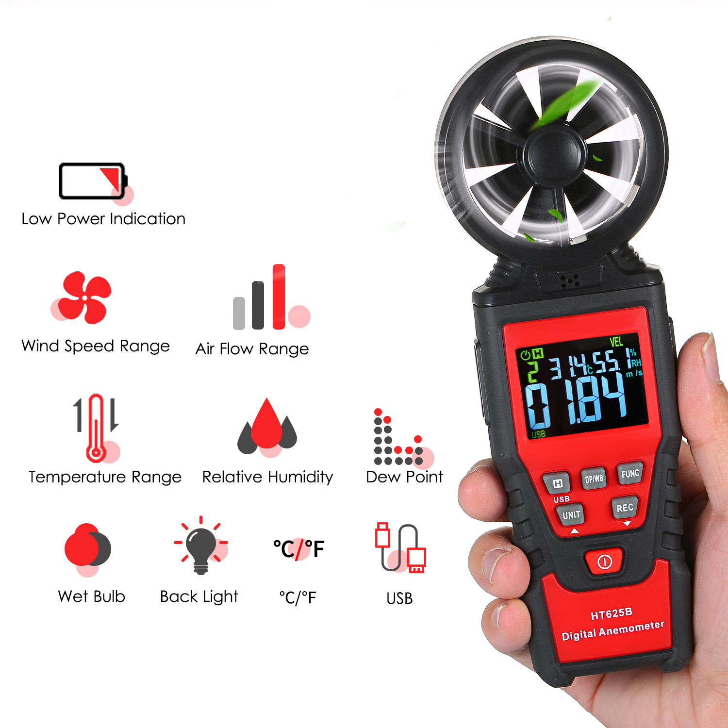 Handheld Anemometer Digital Wind Speed Meter with USB, LCD Color Display Measures Wind Speed Humidity Temperature 3