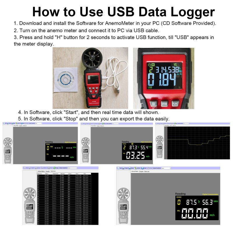 Handheld Anemometer Digital Wind Speed Meter with USB, LCD Color Display Measures Wind Speed Humidity Temperature 4
