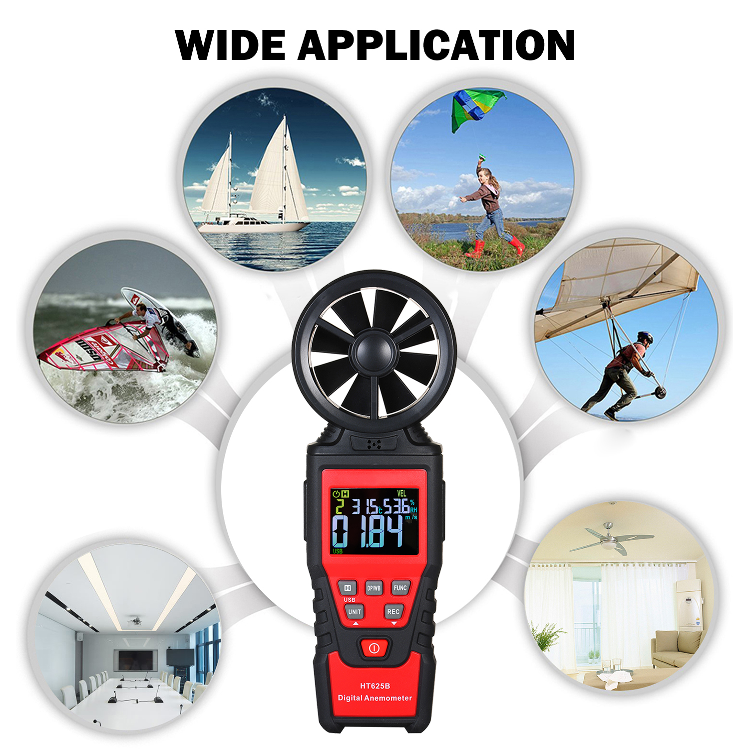 Handheld Anemometer Digital Wind Speed Meter with USB, LCD Color Display Measures Wind Speed Humidity Temperature 5