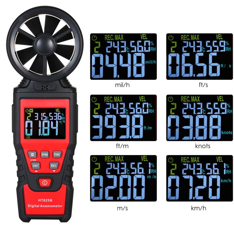 Handheld Anemometer Digital Wind Speed Meter with USB, LCD Color Display Measures Wind Speed Humidity Temperature 6