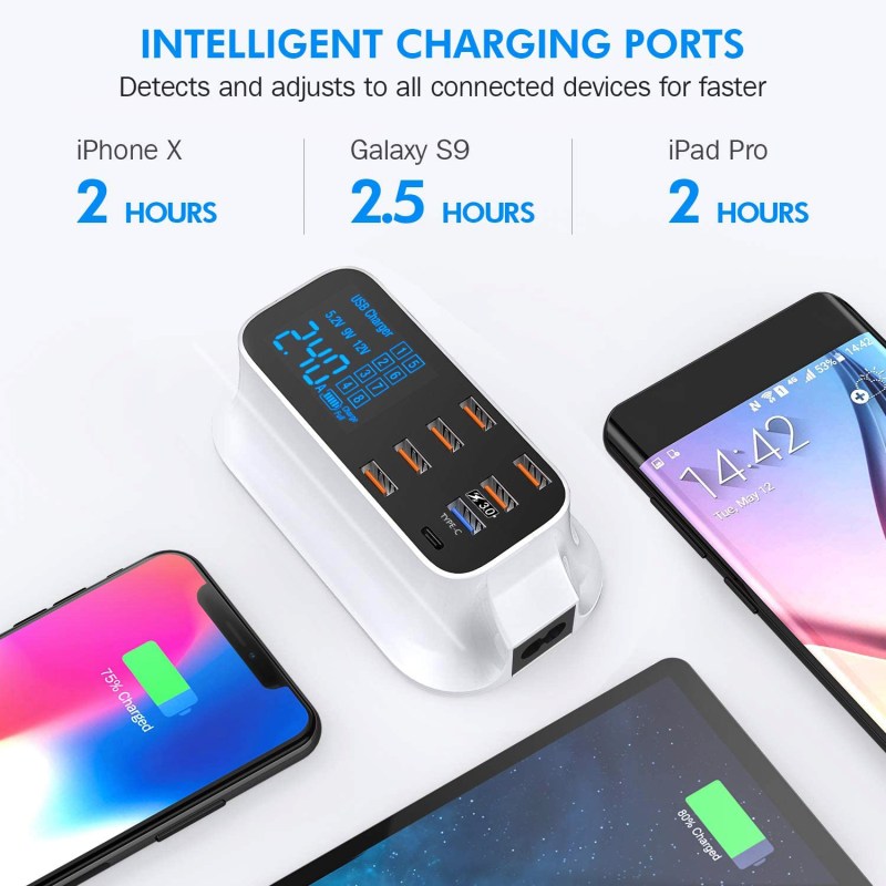 Multiple USB Charger 8-Port Desktop Charging Station Hub 40W with Quick Charge 3.0 USB Port, Type C Port, LCD Display 7 Multiple USB Charger 8-Port Desktop Charging Station Hub 40W with Quick Charge 3.0 USB Port, Type C Port, LCD Display 7