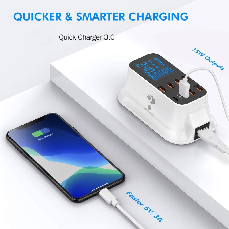 Multiple USB Charger 8-Port Desktop Charging Station Hub 40W with Quick Charge 3.0 USB Port, Type C Port, LCD Display 6 Multiple USB Charger 8-Port Desktop Charging Station Hub 40W with Quick Charge 3.0 USB Port, Type C Port, LCD Display 6