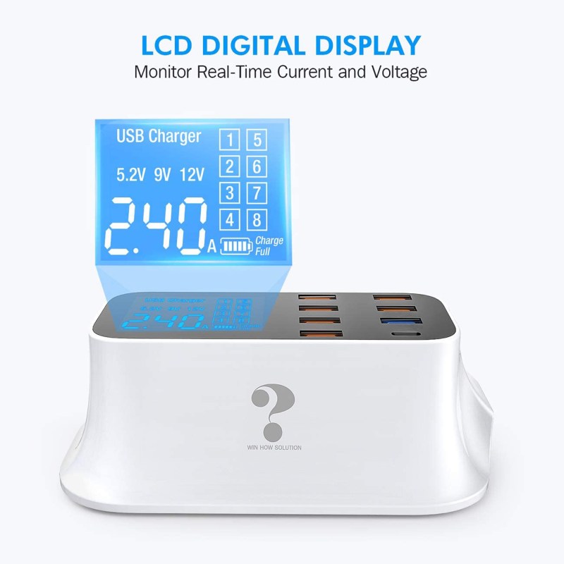 Multiple USB Charger 8-Port Desktop Charging Station Hub 40W with Quick Charge 3.0 USB Port, Type C Port, LCD Display 4 Multiple USB Charger 8-Port Desktop Charging Station Hub 40W with Quick Charge 3.0 USB Port, Type C Port, LCD Display 4