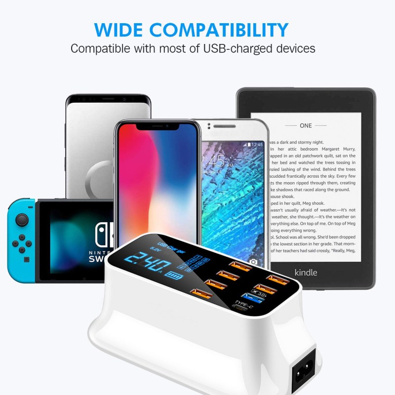 Multiple USB Charger 8-Port Desktop Charging Station Hub 40W with Quick Charge 3.0 USB Port, Type C Port, LCD Display 2 Multiple USB Charger 8-Port Desktop Charging Station Hub 40W with Quick Charge 3.0 USB Port, Type C Port, LCD Display 2