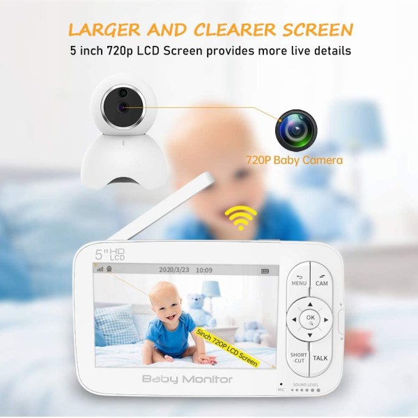 Baby Monitor, 720P 5 Inch HD Display Video Baby Monitor with Camera and Two Way Audio, Auto Night Vision 2