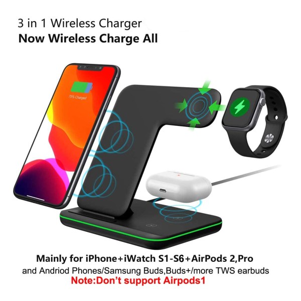 Qi All Wireless Charging Station for iWatch Series 6 5 4 3 2 1, Airpods 2/Pro, Qi Enabled Phones 3