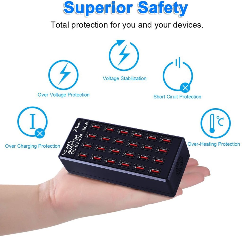 24 Ports Desktop Multiple USB Charger, DC 5V 20A 100W USB Charging Station 17