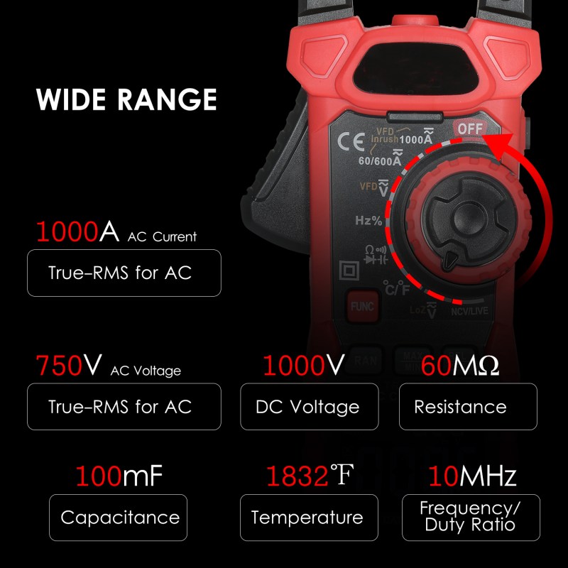 Digital Clamp Meter 1000A AC Current Amp Meter True RMS Auto Range 6000 Counts AC/DC Voltage 8