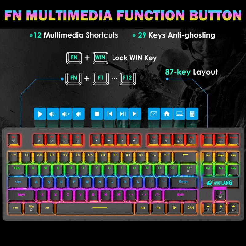 Mechanical Gaming Keyboard Blue Switch 87 Keys USB Wired Rainbow LED Backlit Keyboard For PC Laptop Computer 4