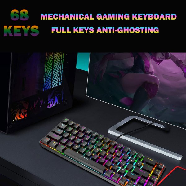 60% Mechanical Gaming Keyboard Blue Switch Mini 68 Keys Wired USB Type-C Cable, 18 Backlit Effects For PC Laptop Computer 5