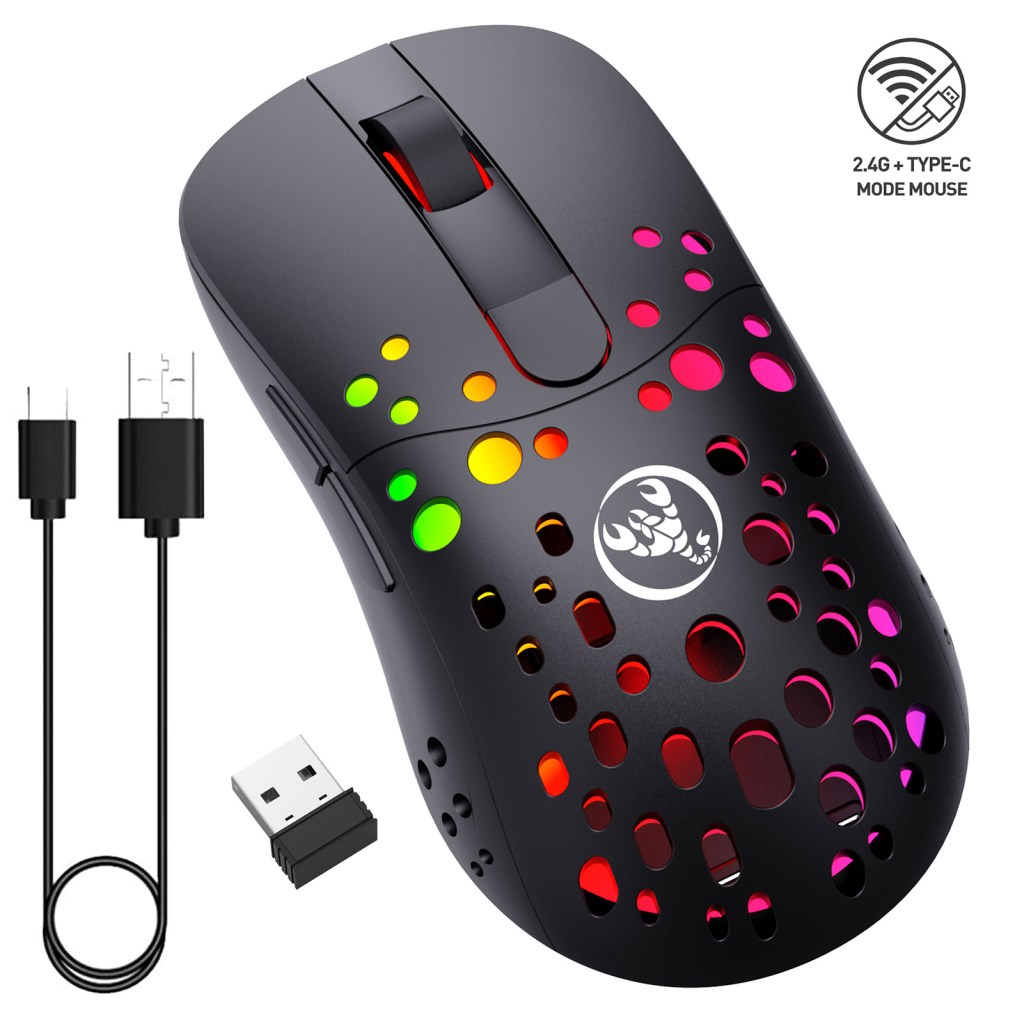 Gaming Mouse T100, 2.4G Wireless and USB-C Wired Dual-Mode Rechargeable Mice, 6 Programmable Buttons Customize Backlit 1
