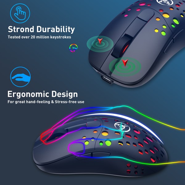 Gaming Mouse T100, 2.4G Wireless and USB-C Wired Dual-Mode Rechargeable Mice, 6 Programmable Buttons Customize Backlit 4