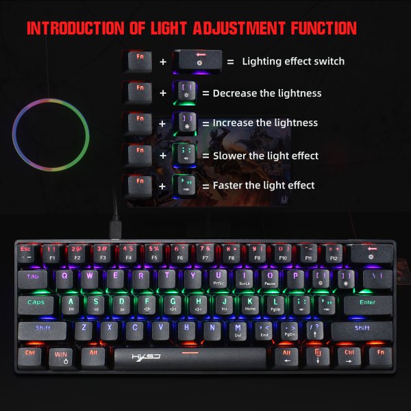 60% Mechanical Gaming Keyboard Blue Switch, Full Anti-Ghosting 61 Key Rainbow Backlit, Wired USB Type-C Cable, 18 Backlit Effects 3