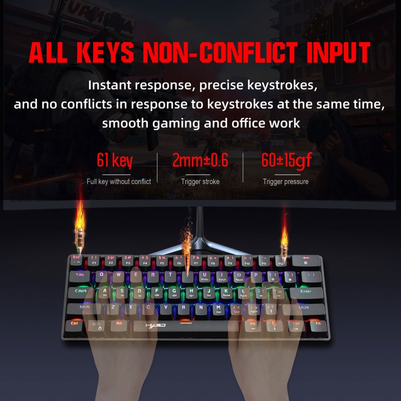 60% Mechanical Gaming Keyboard Blue Switch, Full Anti-Ghosting 61 Key Rainbow Backlit, Wired USB Type-C Cable, 18 Backlit Effects 5