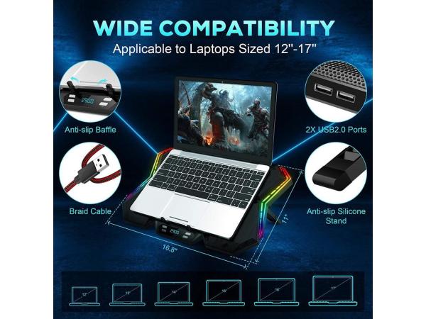 RGB Laptop Cooling Pad Gaming Laptop Cooler with 12-Mode, 6 Fans, LED Screen Control Panel, Colorful LED Lights, 7 Heights Stand 6