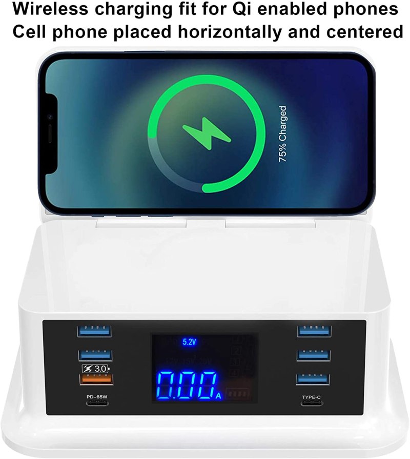 Wireless Charger Qi 10W, 8-Port USB Desktop Charging Station with PD65W, QC3.0, Type-C Port, Touch Sensor Nightlight, LCD Display 3