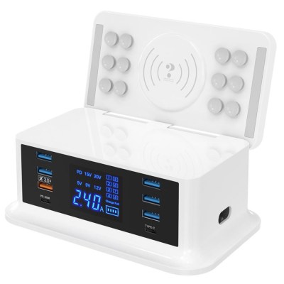 Wireless Charger Qi 10W, 8-Port USB Desktop Charging Station with PD65W, QC3.0, Type-C Port, Touch Sensor Nightlight, LCD Display