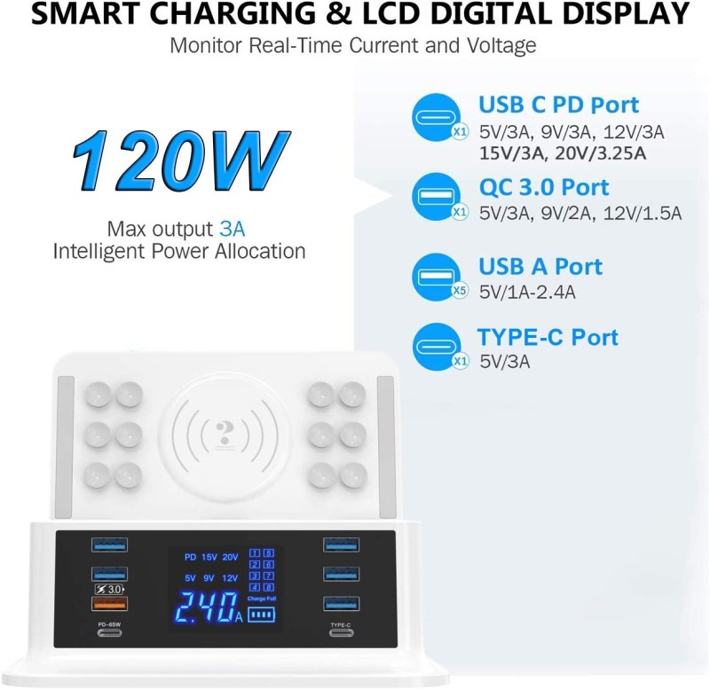 Wireless Charger Qi 10W, 8-Port USB Desktop Charging Station with PD65W, QC3.0, Type-C Port, Touch Sensor Nightlight, LCD Display 6