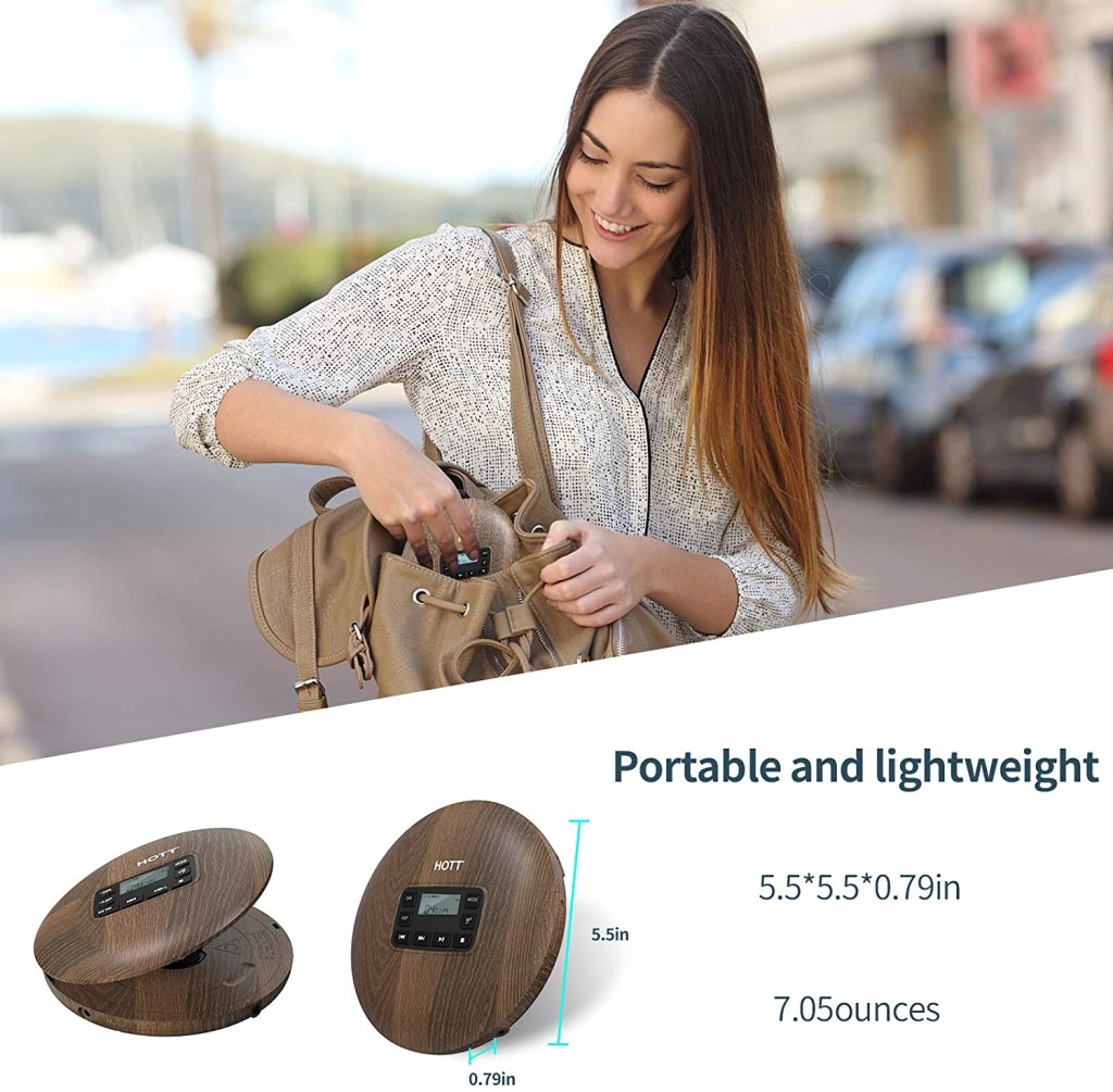 Portable CD Player CD611 for Home Travel and Car with Stereo Headphones, Anti-Shock, Wood Grain Pattern 3