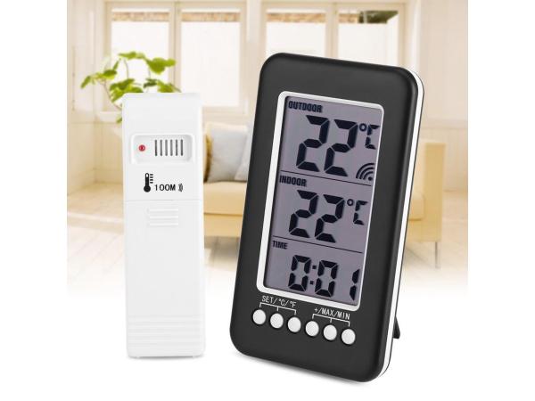 Indoor/Outdoor Thermometer, LCD Digital Indoor Outdoor Thermometer Clock Temperature Meter Wireless Transmitter 2