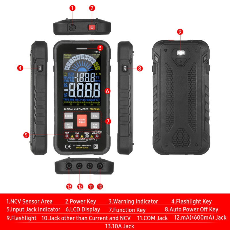 Digital Multimeter NCV Auto-Ranging 9999 Counts TRMS 1000V 10A Tester Frequency Counter Voltmeter Ohmmeter Capacitance 2