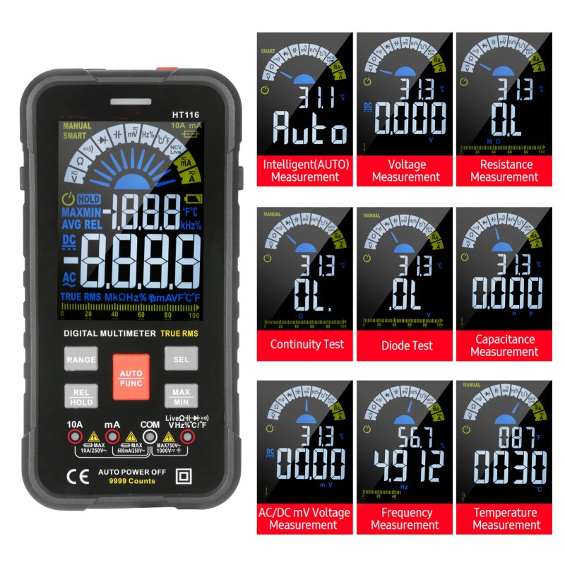 Digital Multimeter NCV Auto-Ranging 9999 Counts TRMS 1000V 10A Tester Frequency Counter Voltmeter Ohmmeter Capacitance 4