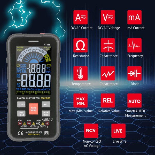 Digital Multimeter NCV Auto-Ranging 9999 Counts TRMS 1000V 10A Tester Frequency Counter Voltmeter Ohmmeter Capacitance 8