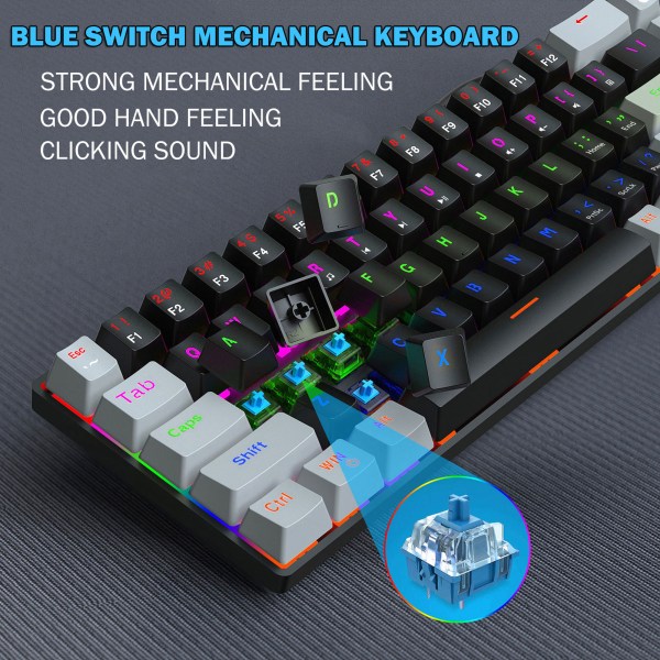 Mechanical Gaming Keyboard 68 Keys Anti-Ghosting Wired Type-C Cable RGB Multiple Backlit Blue Switch 2