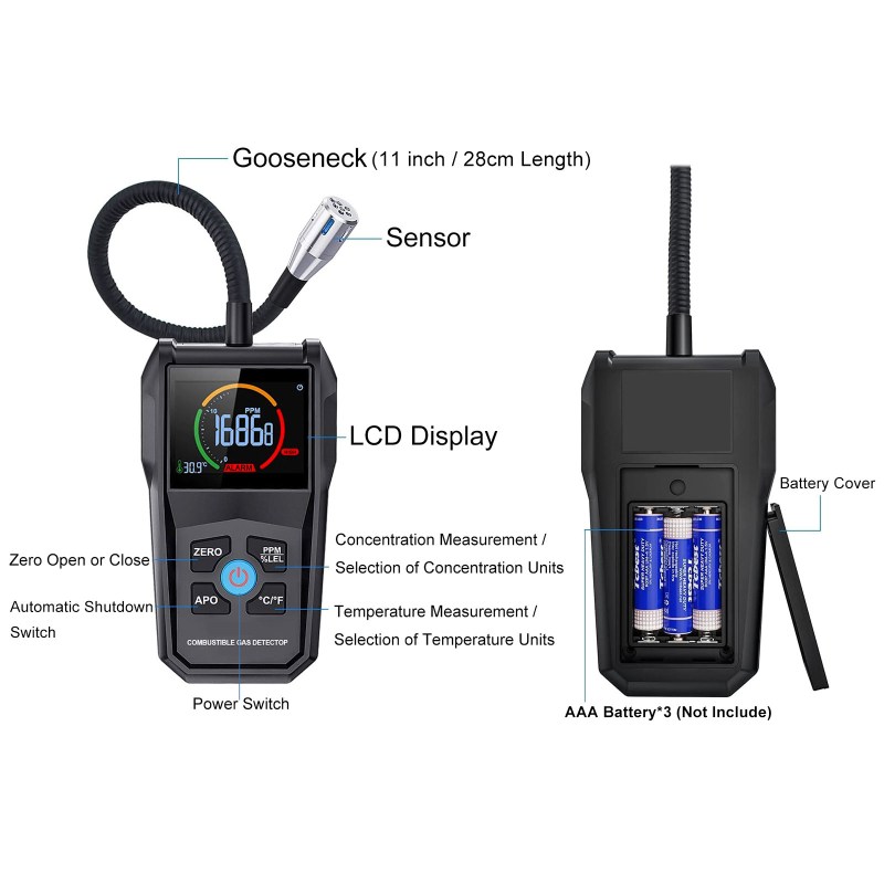 Gas Leak Detector Portable Flammable Gas Sniffer Combustible Gas Leak Detector with 50000PPM 100%LEL, Flexible Probe 2 Gas Leak Detector Portable Flammable Gas Sniffer Combustible Gas Leak Detector with 50000PPM 100%LEL, Flexible Probe 2