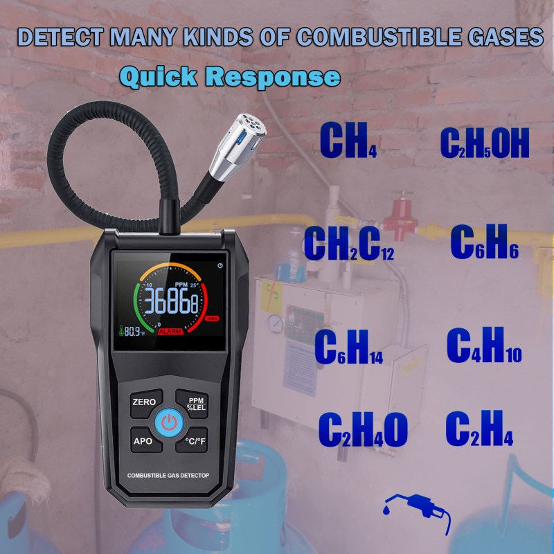 Gas Leak Detector Portable Flammable Gas Sniffer Combustible Gas Leak Detector with 50000PPM 100%LEL, Flexible Probe 4 Gas Leak Detector Portable Flammable Gas Sniffer Combustible Gas Leak Detector with 50000PPM 100%LEL, Flexible Probe 4