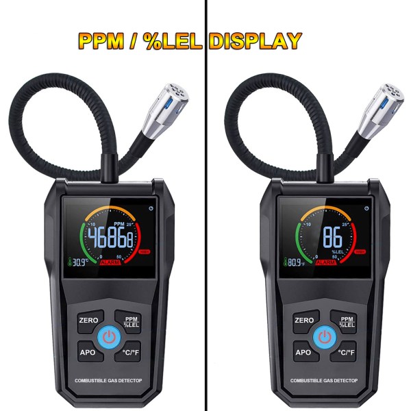 Gas Leak Detector Portable Flammable Gas Sniffer Combustible Gas Leak Detector with 50000PPM 100%LEL, Flexible Probe 8