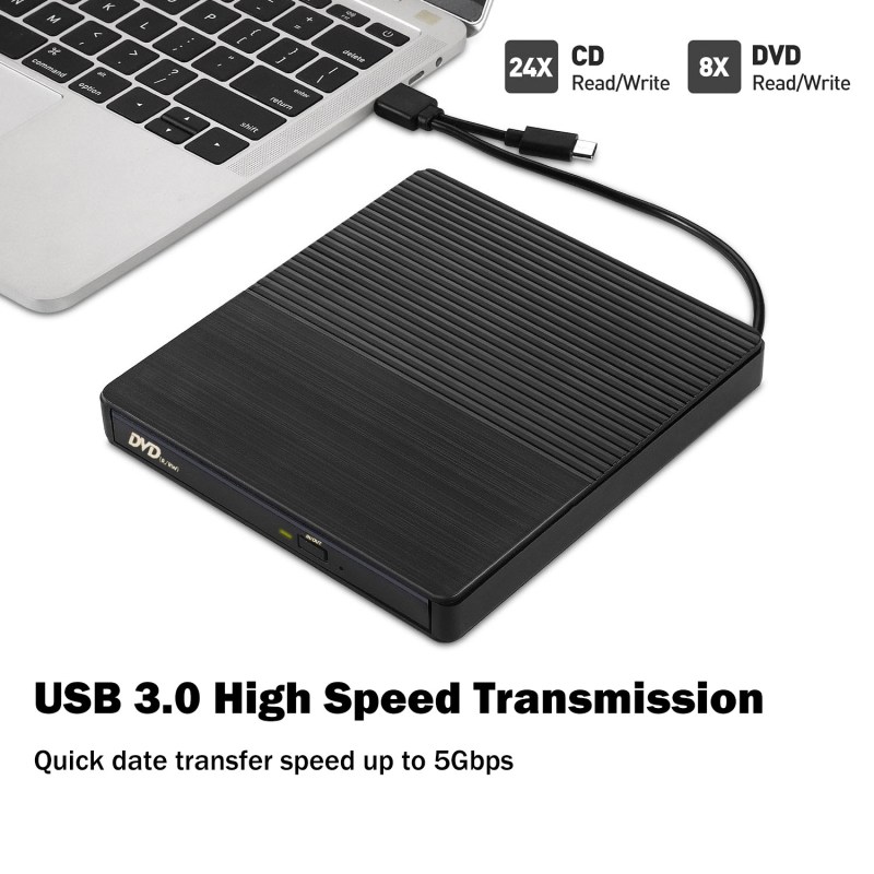 External CD DVD Drive USB 3.0 Type-C CD-RW DVD-R Combo Burner with SD/TF Slot, 2 USB 2.0 Port for PC Laptop Computer Windows 11/10/8/7 2