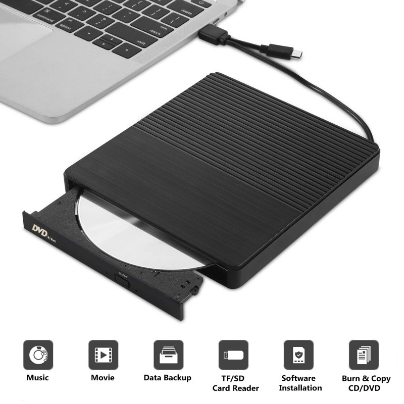External CD DVD Drive USB 3.0 Type-C CD-RW DVD-R Combo Burner with SD/TF Slot, 2 USB 2.0 Port for PC Laptop Computer Windows 11/10/8/7 4