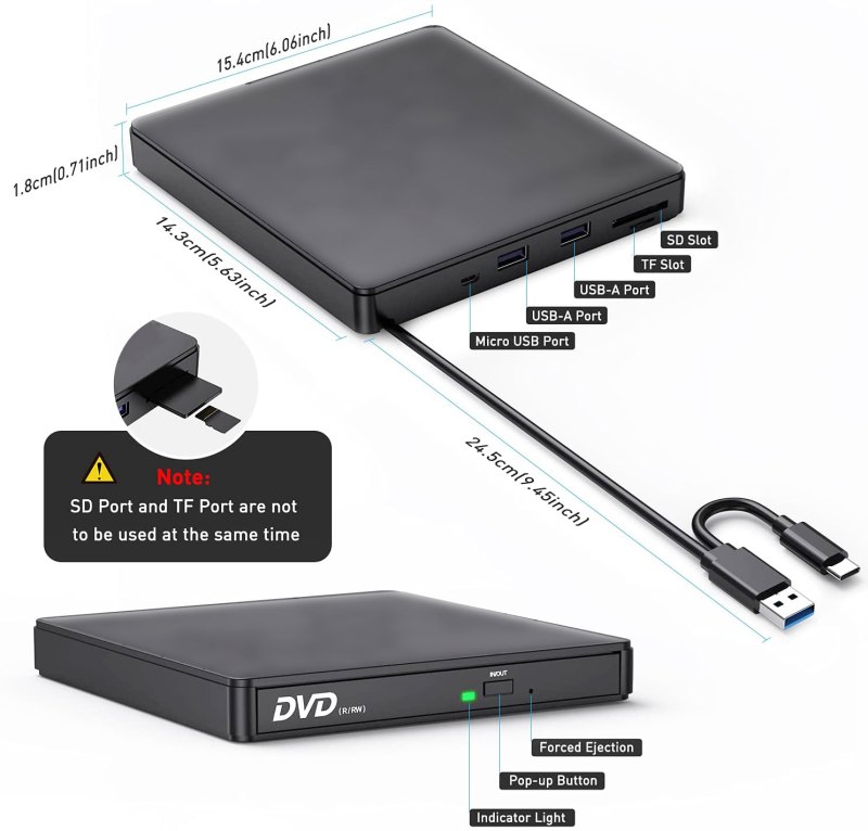 External CD DVD Drive USB 3.0 Type-C CD-RW DVD-R Combo Burner with SD/TF Slot, 2 USB 2.0 Port for PC Laptop Computer Windows 11/10/8/7 5